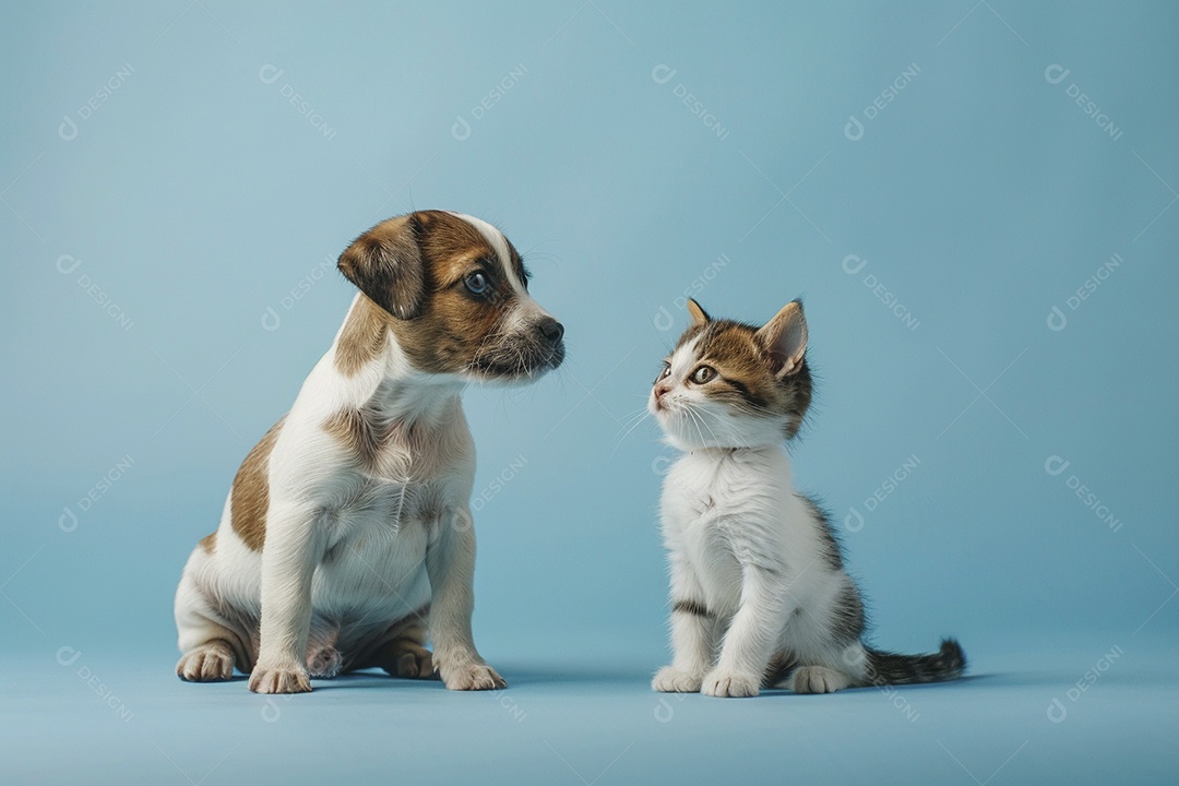 Cão e gato sentado para foto, isolado, fundo amarelo, animais de estimação, companheiros