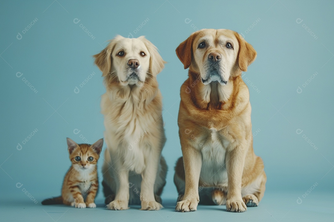 Cão e gato sentado para foto, isolado, fundo amarelo, animais de estimação, companheiros