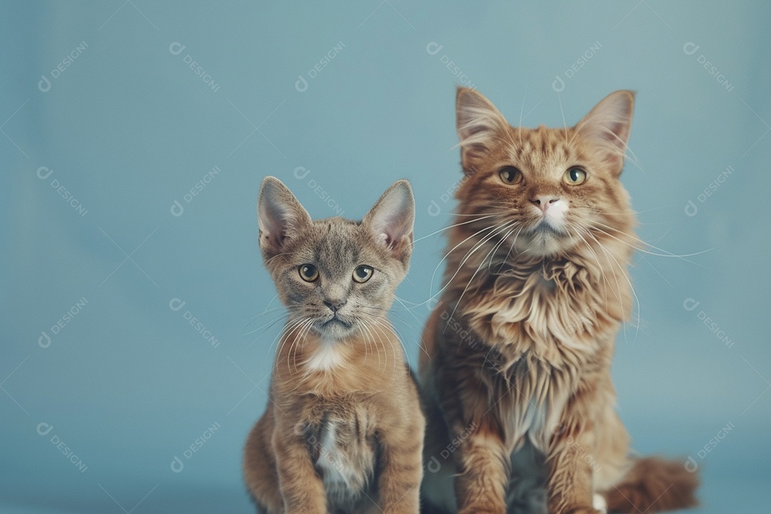 Cão e gato sentado para foto, isolado, fundo amarelo, animais de estimação, companheiros