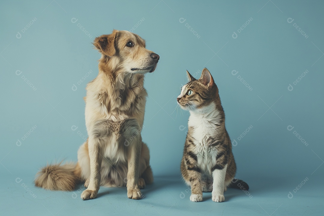 Cão e gato sentado para foto, isolado, fundo amarelo, animais de estimação, companheiros