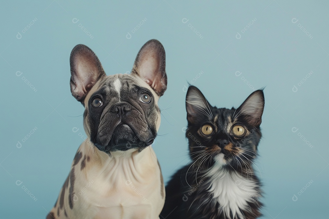 Cão e gato sentado para foto, isolado, fundo amarelo, animais de estimação, companheiros