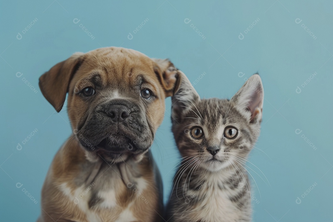 Cão e gato sentado para foto, isolado, fundo amarelo, animais de estimação, companheiros
