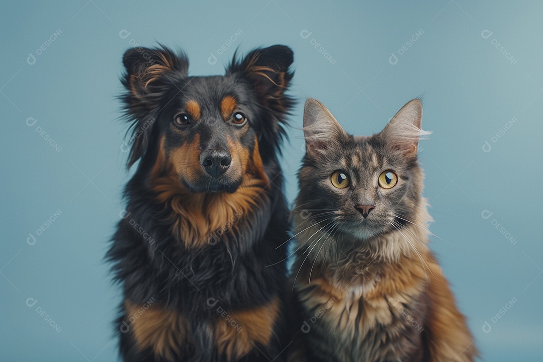 Cão e gato sentados para foto, fundo isolado, azul, animais de estimação, amizade