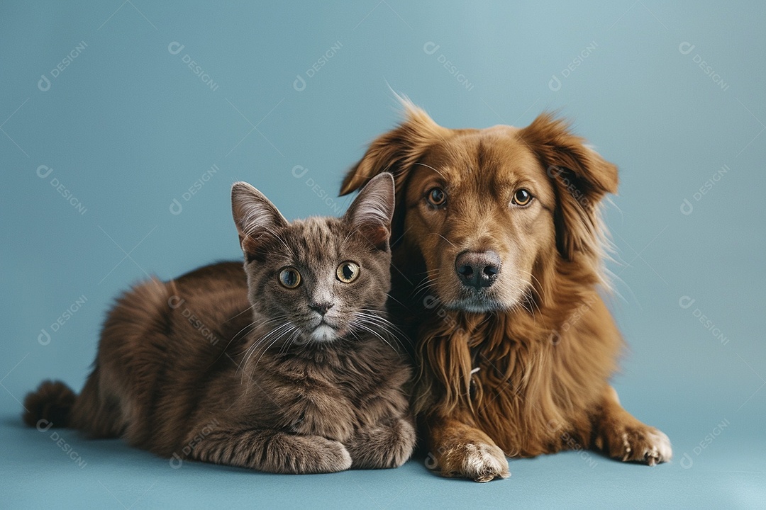 Cão e gato sentado para foto, isolado, fundo amarelo, animais de estimação, companheiros