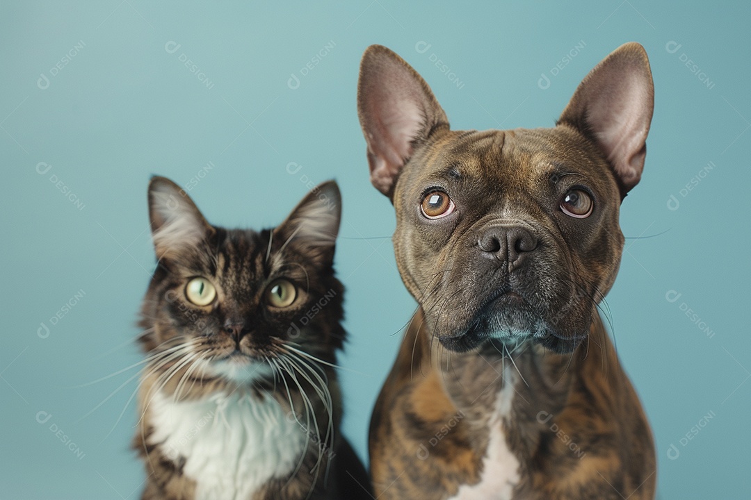 Cão e gato sentado para foto, isolado, fundo amarelo, animais de estimação, companheiros