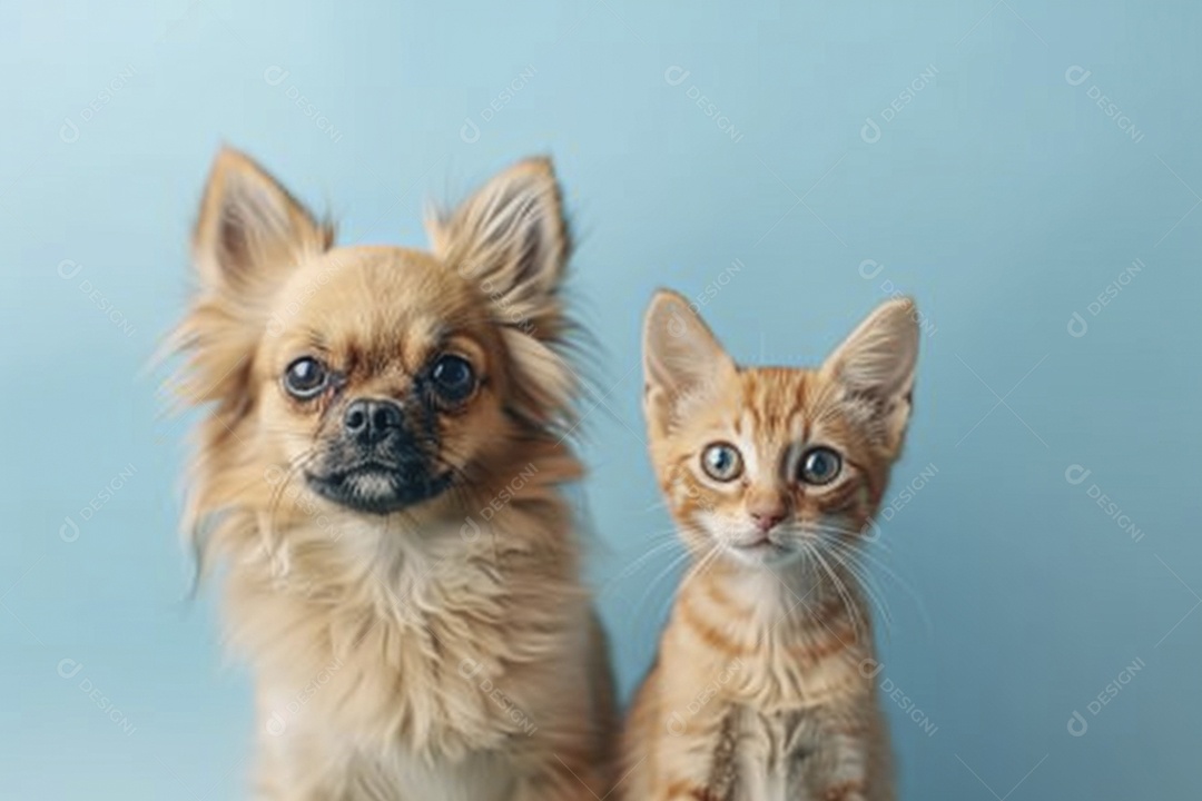 Cão e gato sentado para foto, isolado, fundo amarelo, animais de estimação, companheiros