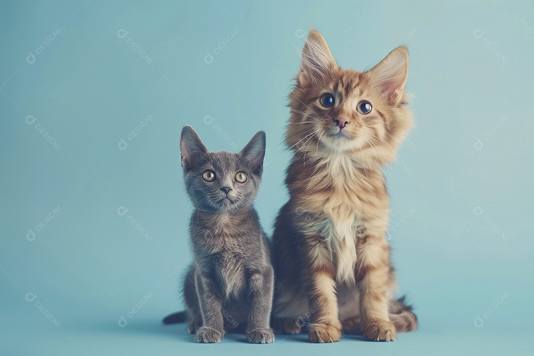 Cão e gato sentado para foto, isolado, fundo amarelo, animais de estimação, companheiros