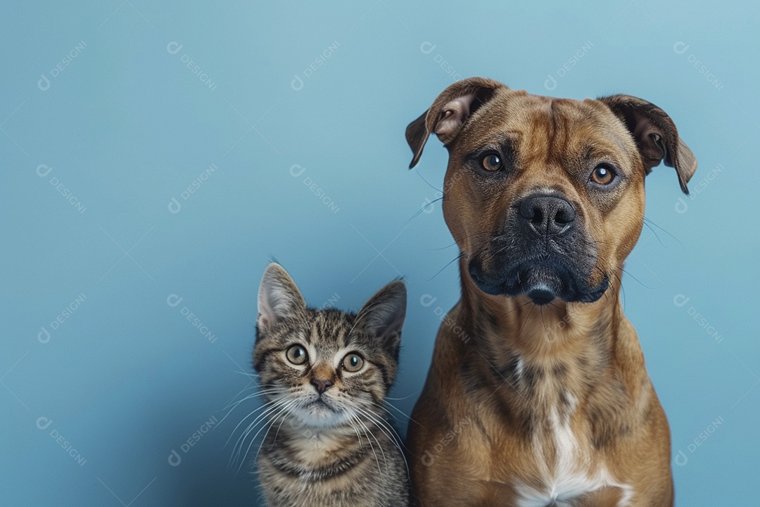 Cão e gato sentado para foto, isolado, fundo amarelo, animais de estimação, companheiros