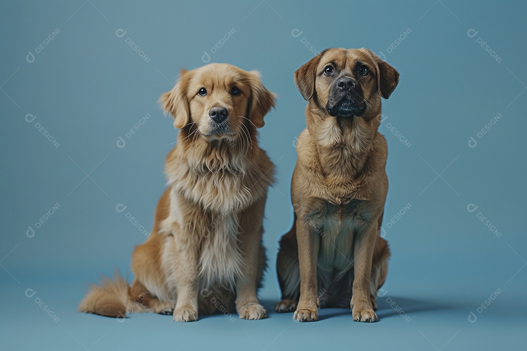 Cão e gato sentado para foto, isolado, fundo amarelo, animais de estimação, companheiros