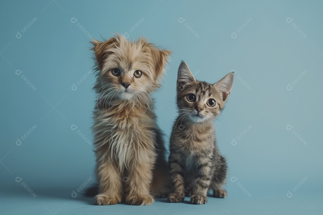 Cão e gato sentado para foto, isolado, fundo amarelo, animais de estimação, companheiros