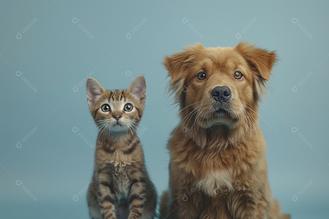 Cão e gato sentado para foto, isolado, fundo amarelo, animais de estimação, companheiros