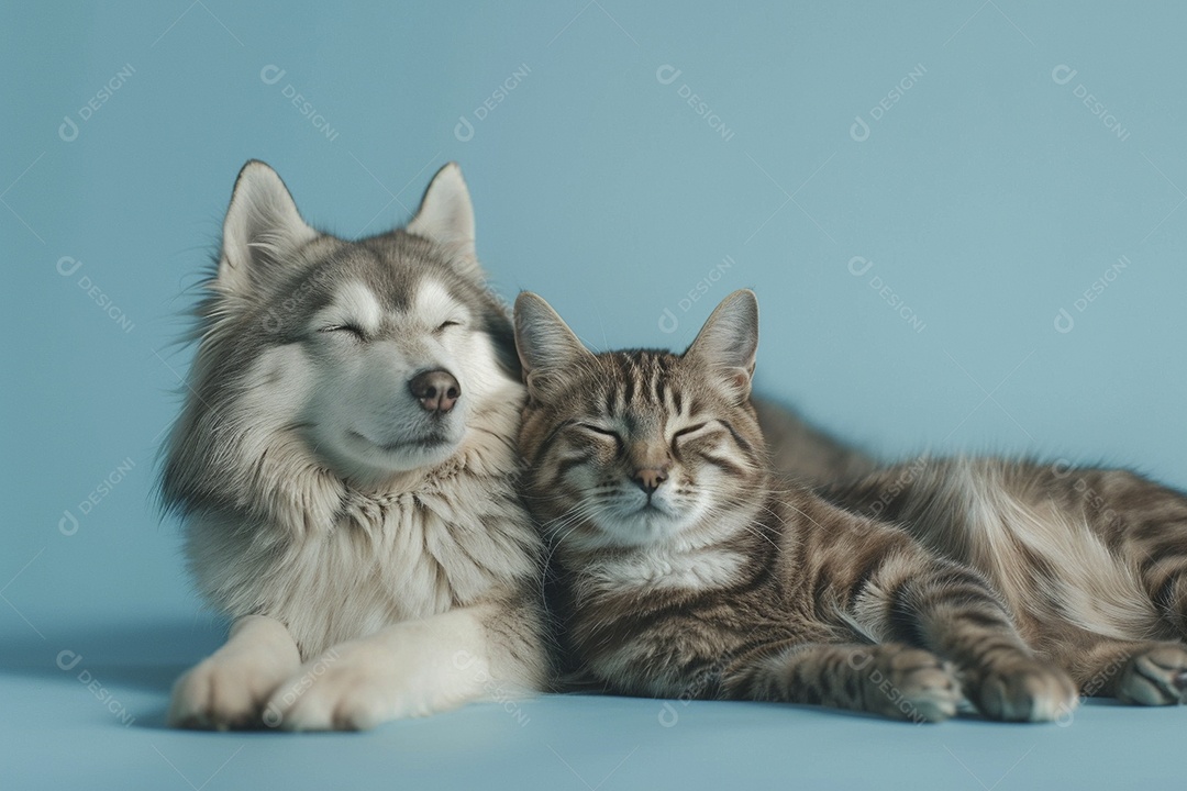 Cão e gato sentado para foto, isolado, fundo amarelo, animais de estimação, companheiros