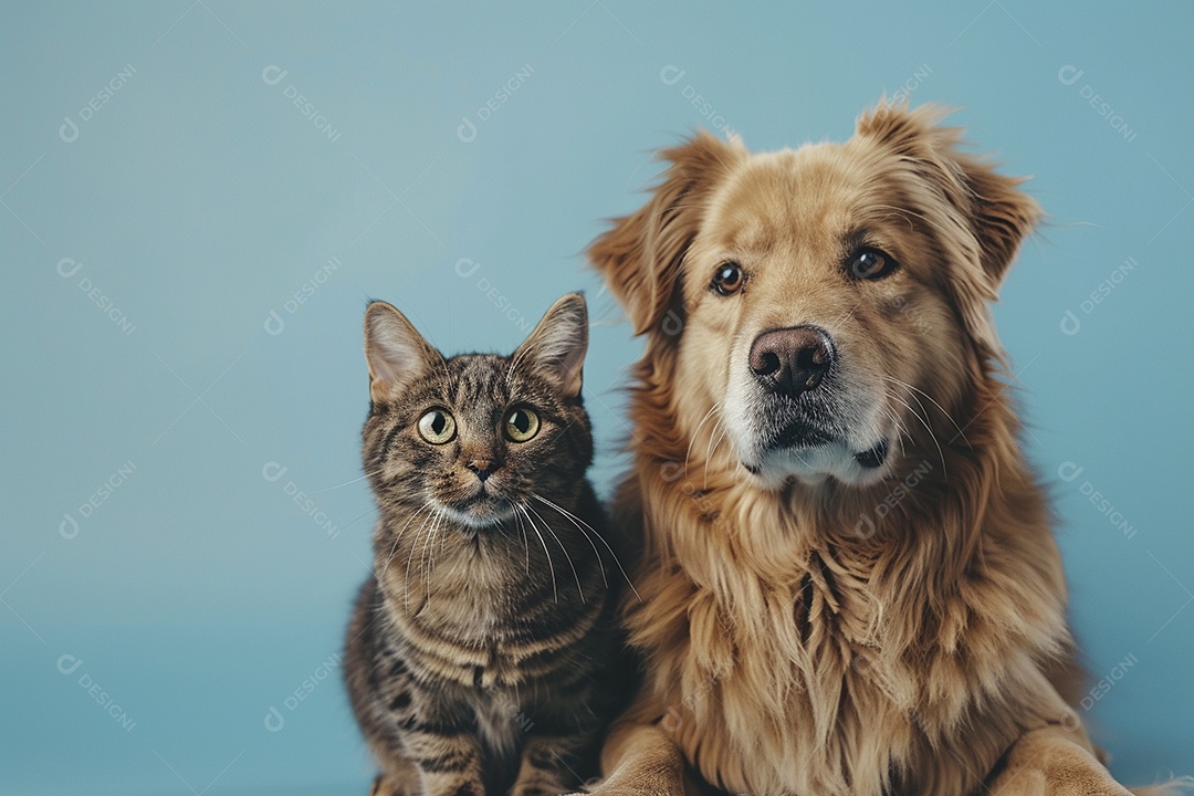 Cão e gato sentado para foto, isolado, fundo amarelo, animais de estimação, companheiros