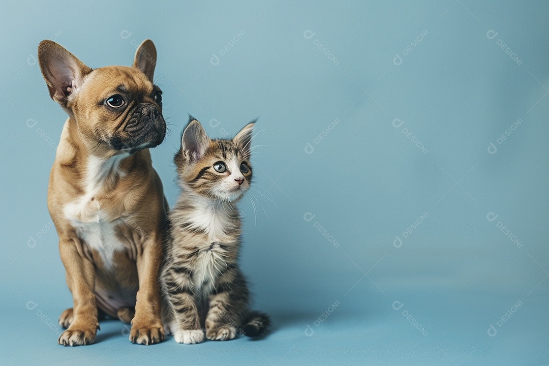 Cão e gato sentado para foto, isolado, fundo amarelo, animais de estimação, companheiros