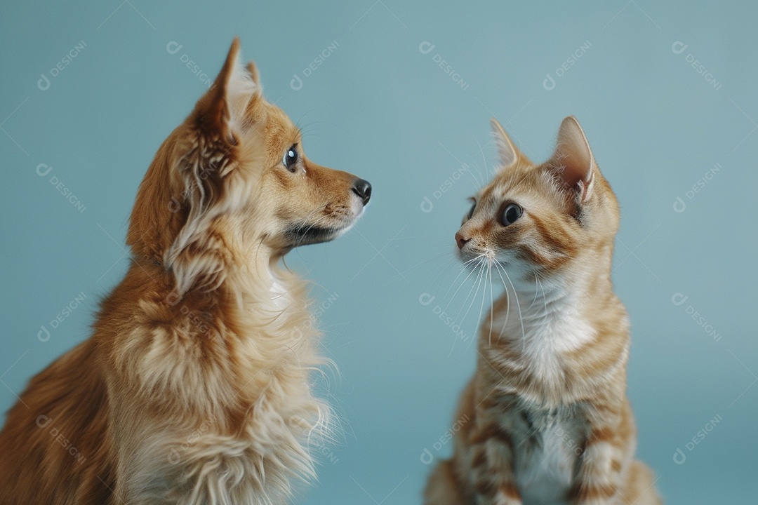 Cão e gato sentado para foto, isolado, fundo amarelo, animais de estimação, companheiros