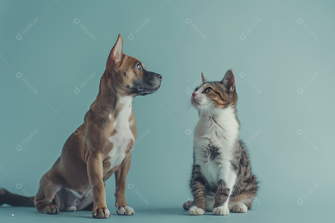 Cão e gato sentado para foto, isolado, fundo amarelo, animais de estimação, companheiros