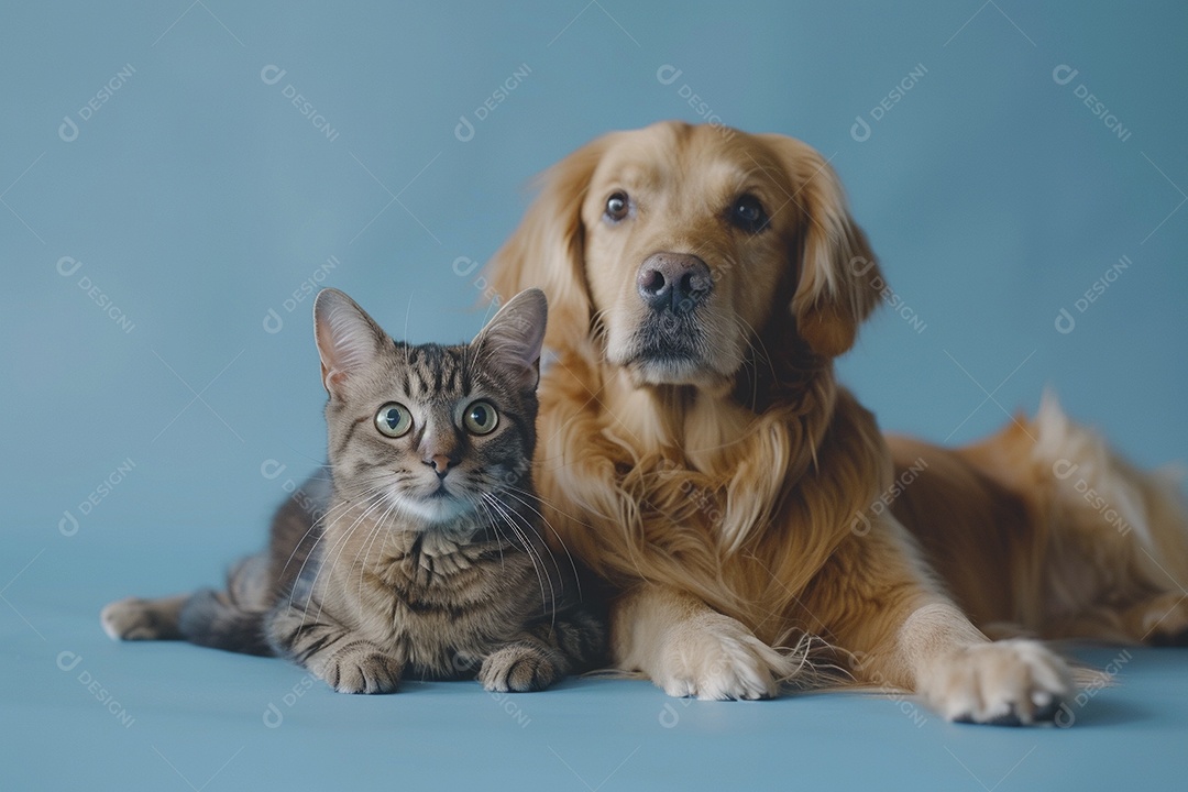Cão e gato sentado para foto, isolado, fundo amarelo, animais de estimação, companheiros