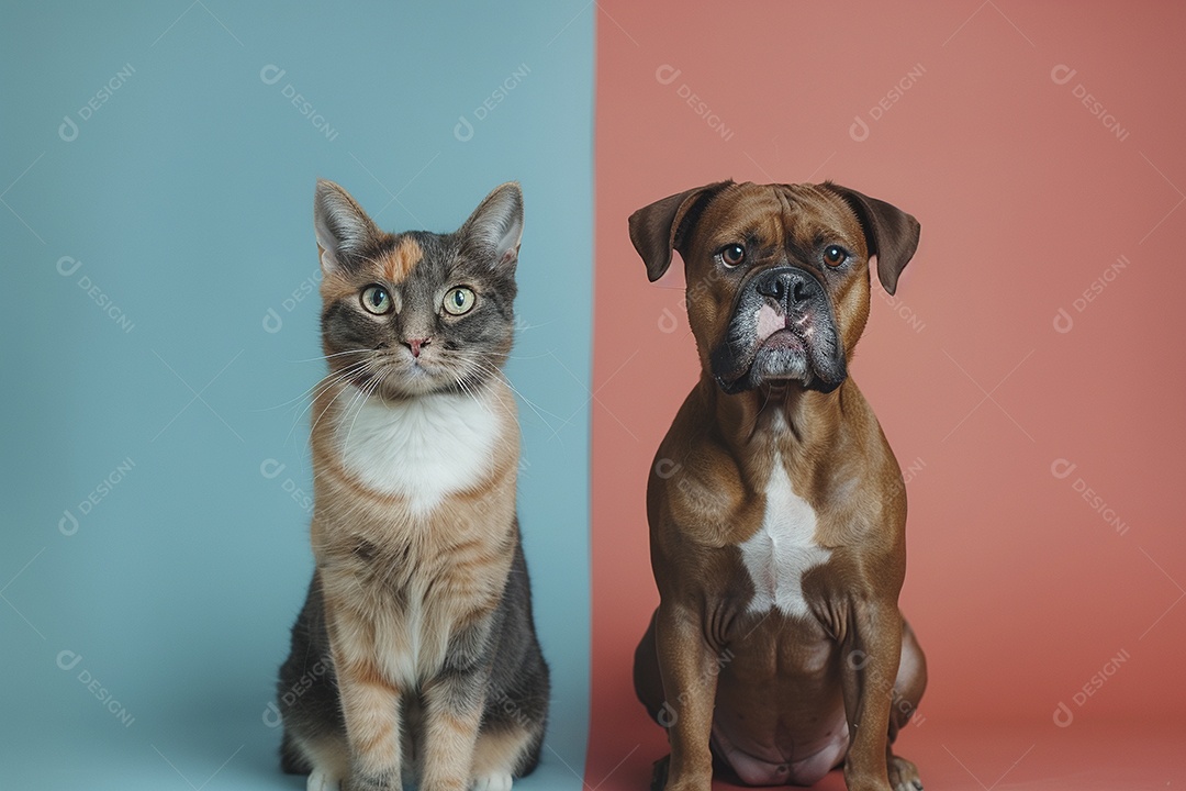 Cão e gato sentado para foto, isolado, fundo amarelo, animais de estimação, companheiros