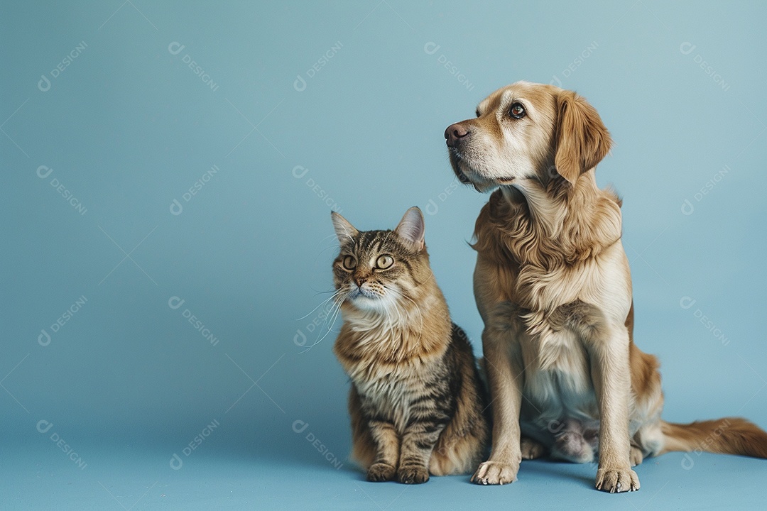 Cão e gato sentado para foto, isolado, fundo amarelo, animais de estimação, companheiros