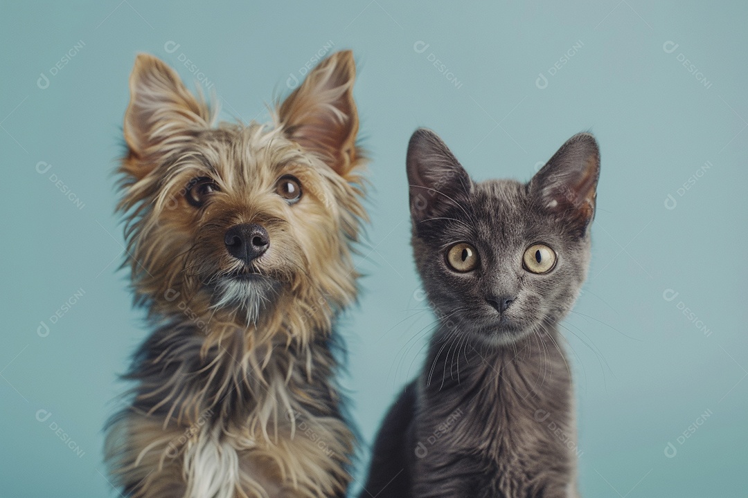 Cão e gato sentado para foto, isolado, fundo amarelo, animais de estimação, companheiros