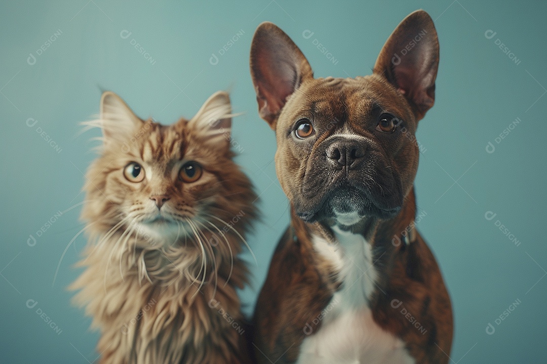 Cão e gato sentado para foto, isolado, fundo amarelo, animais de estimação, companheiros