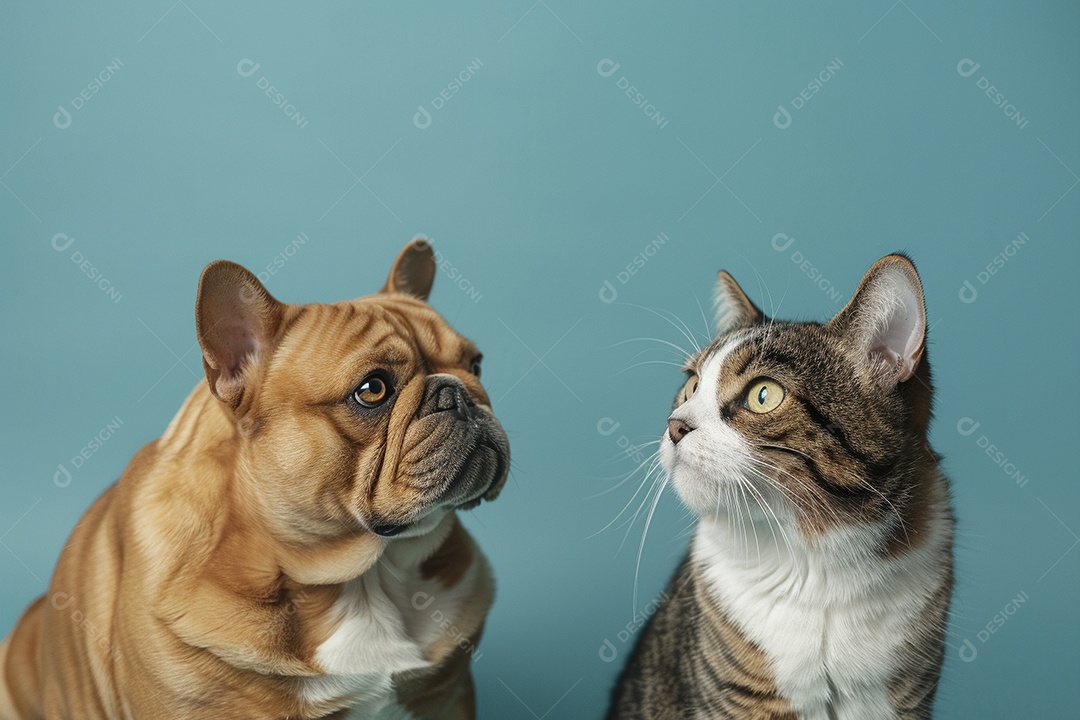 Cão e gato sentado para foto, isolado, fundo amarelo, animais de estimação, companheiros
