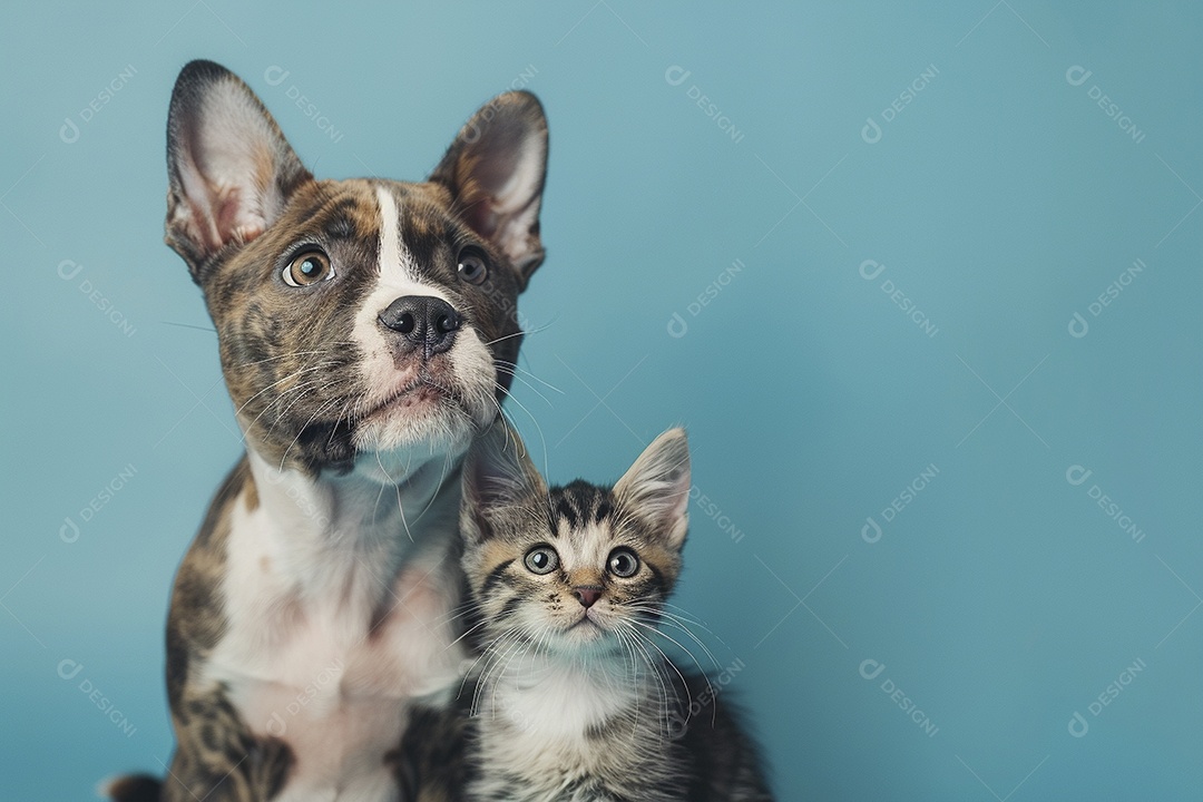 Cão e gato sentado para foto, isolado, fundo amarelo, animais de estimação, companheiros