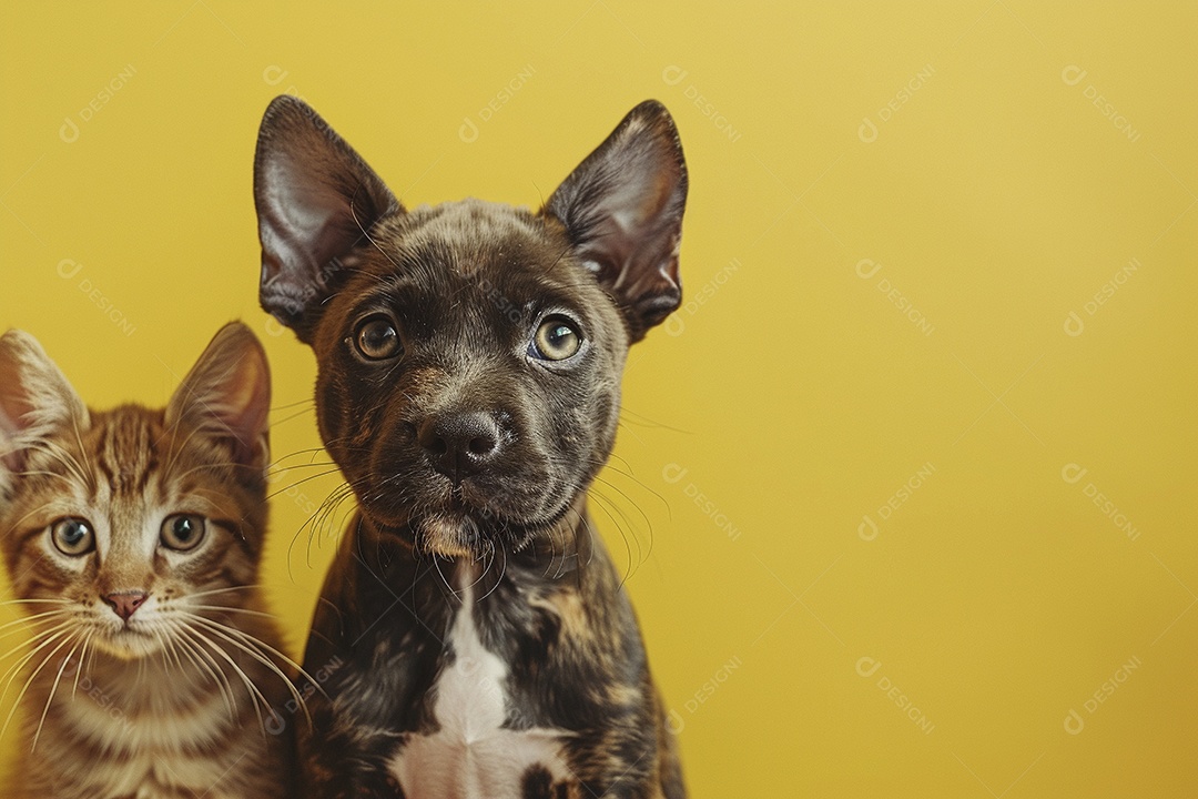 Cão e gato sentado para foto, isolado, fundo amarelo, animais de estimação, companheiros