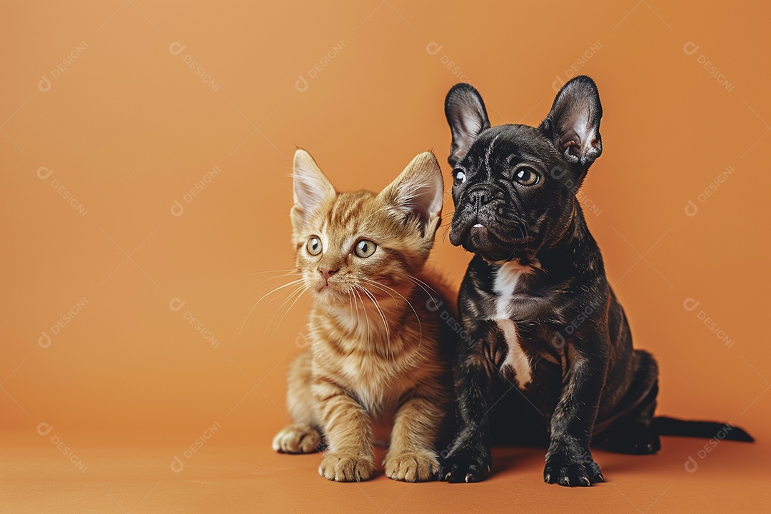 Cão e gato sentado para foto, isolado, fundo amarelo, animais de estimação, companheiros
