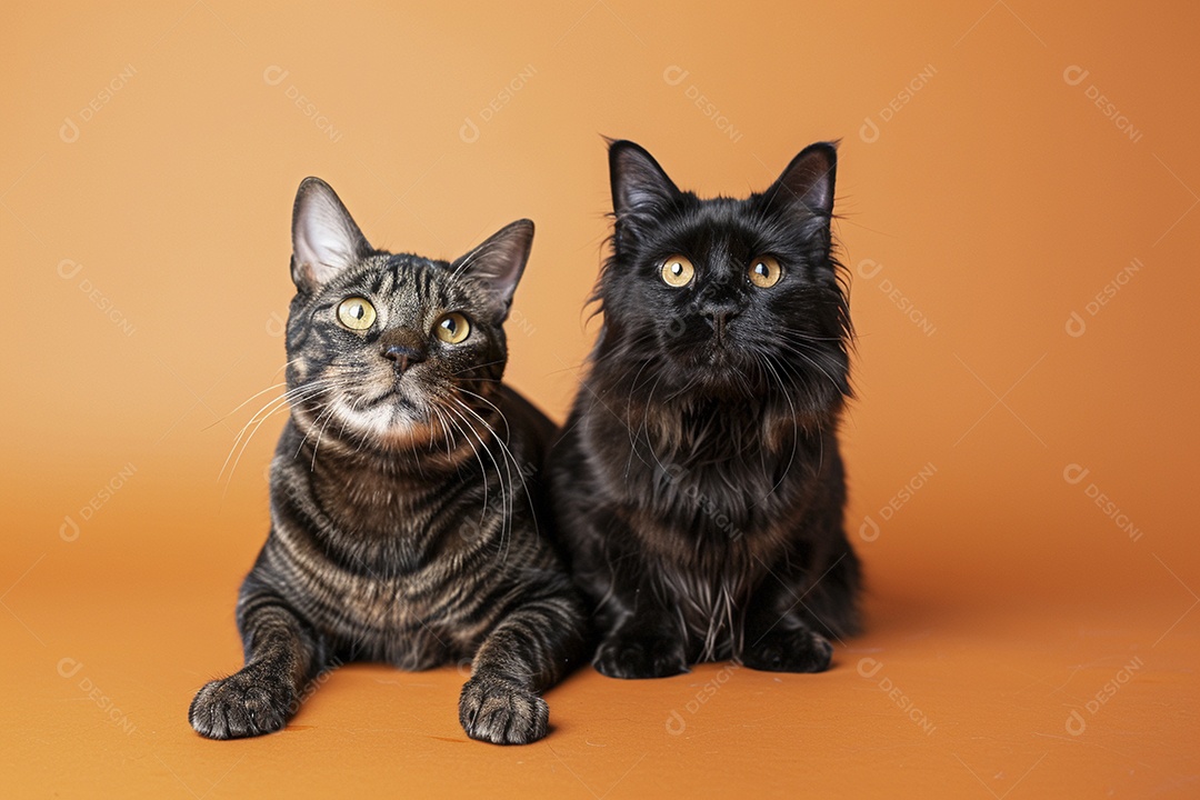 Cão e gato sentado para foto, isolado, fundo amarelo, animais de estimação, companheiros