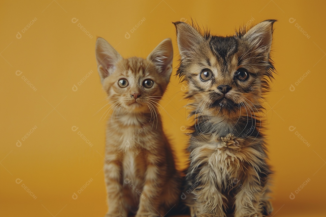Cão e gato sentado para foto, isolado, fundo amarelo, animais de estimação, companheiros