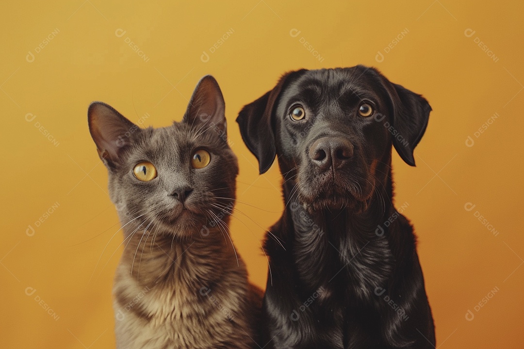 Cão e gato sentado para foto, isolado, fundo amarelo, animais de estimação, companheiros