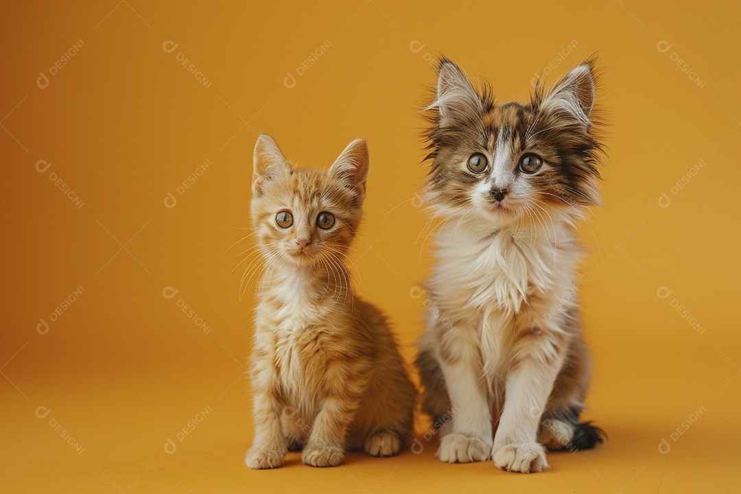 Cão e gato sentado para foto, isolado, fundo amarelo, animais de estimação, companheiros