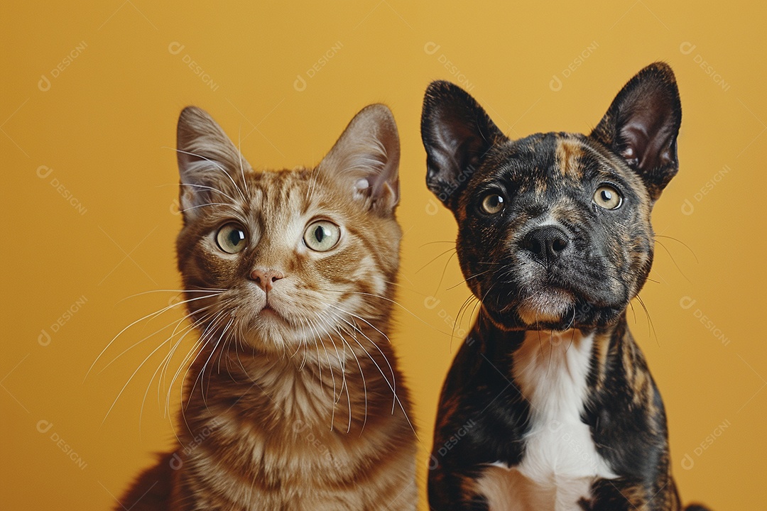 Cão e gato sentado para foto, isolado, fundo amarelo, animais de estimação, companheiros