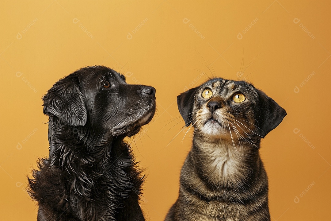 Cão e gato sentado para foto, isolado, fundo amarelo, animais de estimação, companheiros