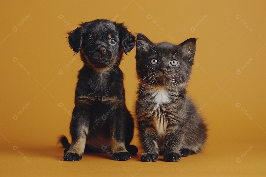 Cão e gato sentado para foto, isolado, fundo amarelo, animais de estimação, companheiros
