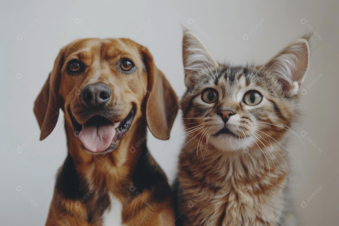 Cão e gato sentado para foto, isolado, fundo amarelo, animais de estimação, companheiros