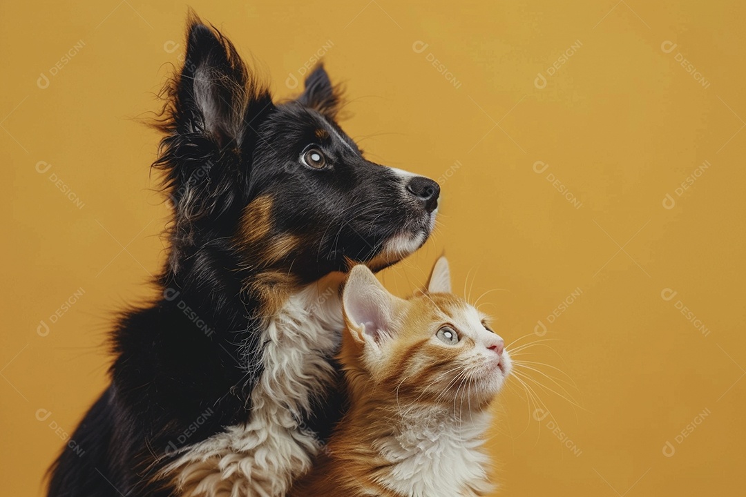 Cão e gato sentado para foto, isolado, fundo amarelo, animais de estimação, companheiros