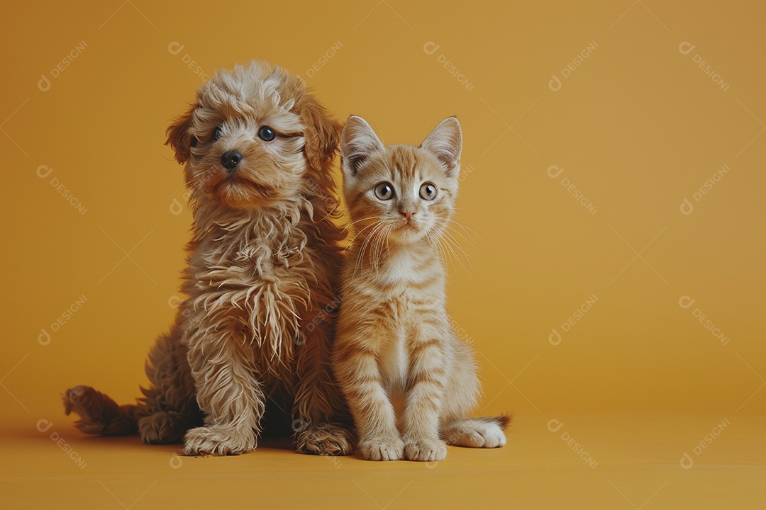 Cão e gato sentado para foto, isolado, fundo amarelo, animais de estimação, companheiros