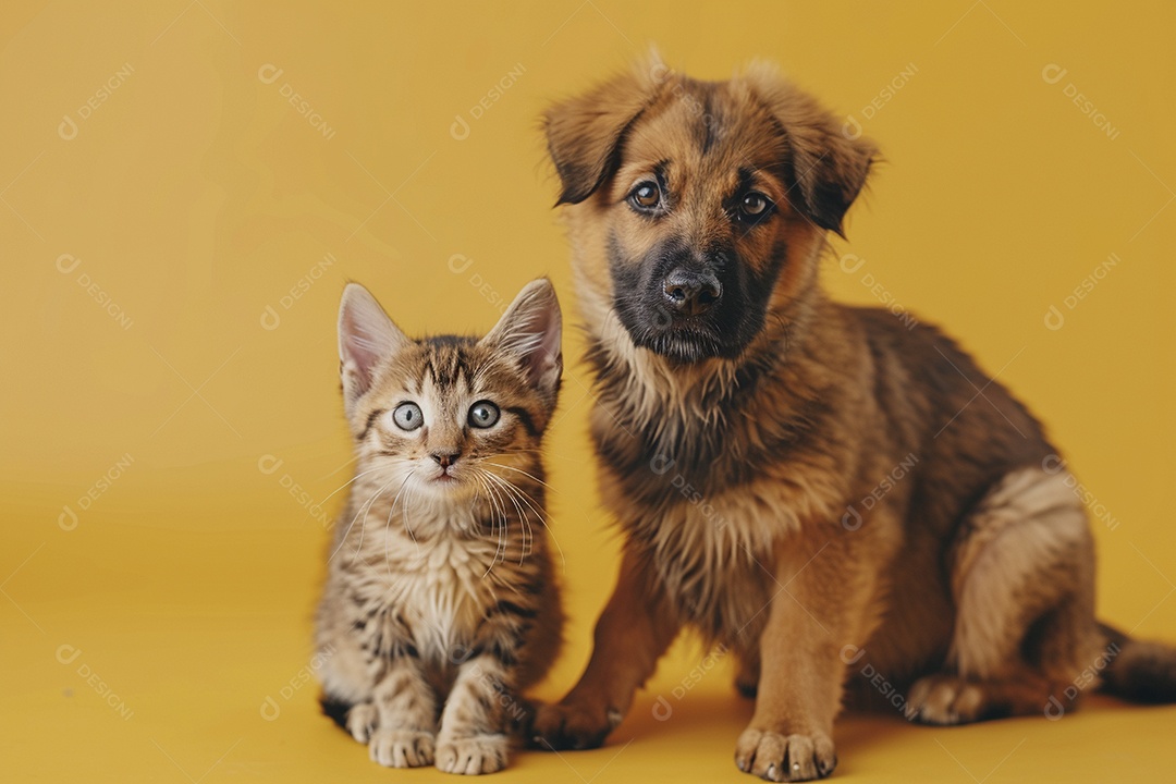 Cão e gato sentado para foto, isolado, fundo amarelo, animais de estimação, companheiros