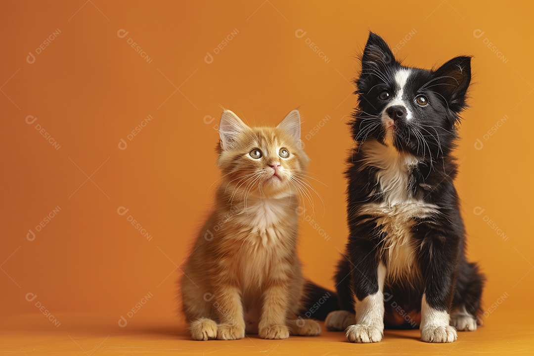 Cão e gato sentado para foto, isolado, fundo amarelo, animais de estimação, companheiros
