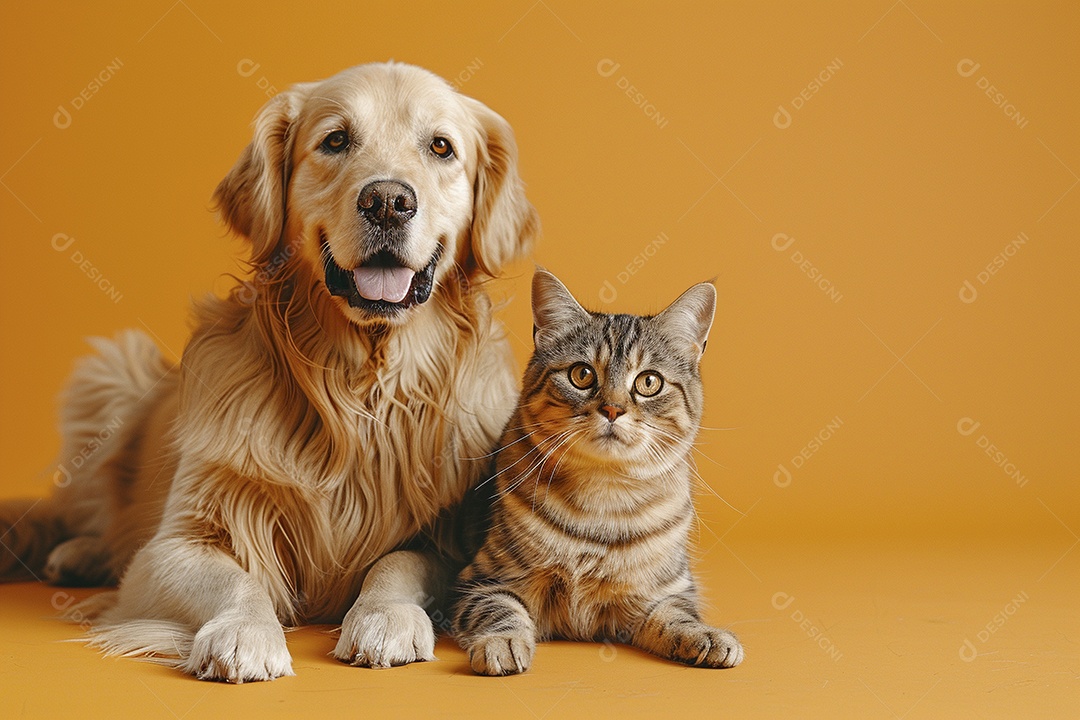 Cão e gato sentado para foto, isolado, fundo amarelo, animais de estimação, companheiros