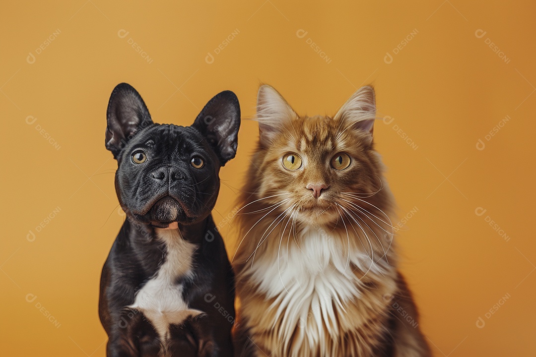 Cão e gato sentado para foto, isolado, fundo amarelo, animais de estimação, companheiros