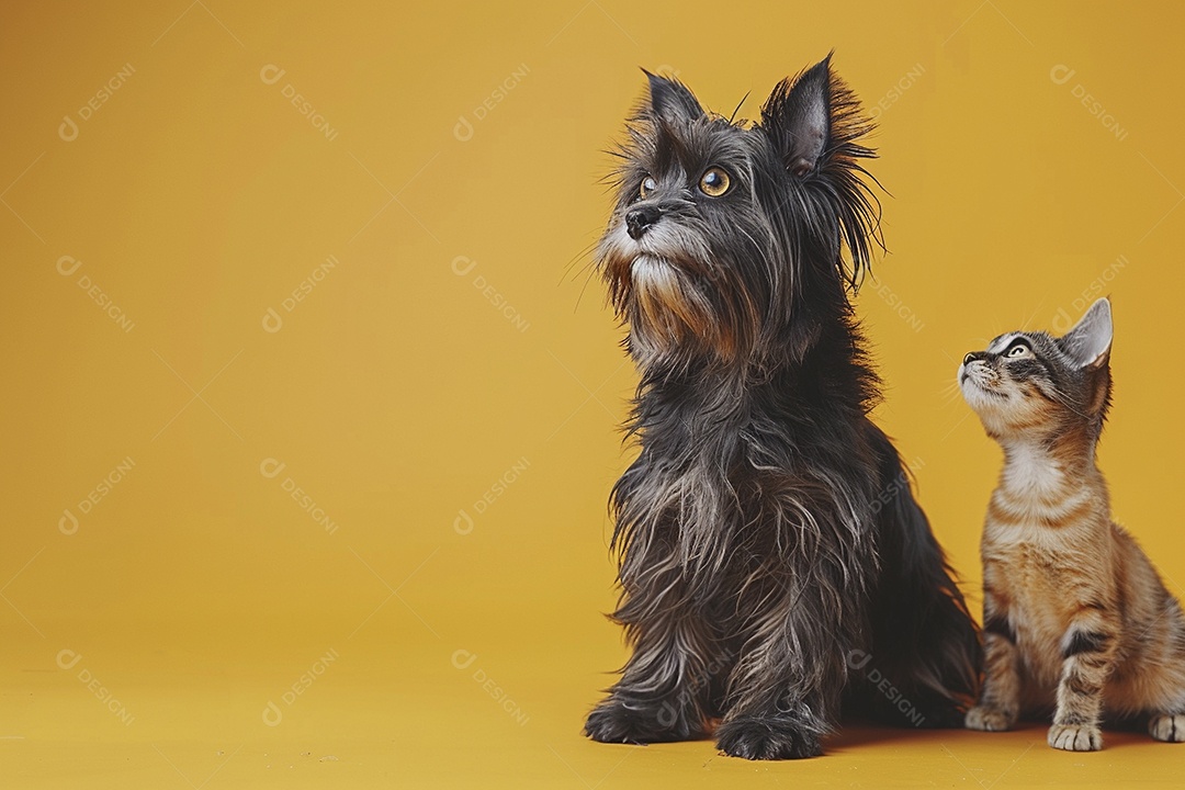 Cão e gato sentado para foto, isolado, fundo amarelo, animais de estimação, companheiros