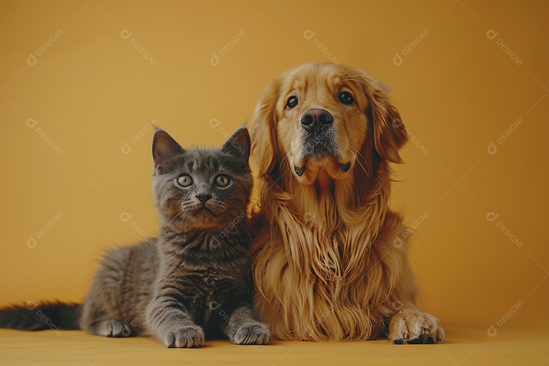 Cão e gato sentado para foto, isolado, fundo amarelo, animais de estimação, companheiros