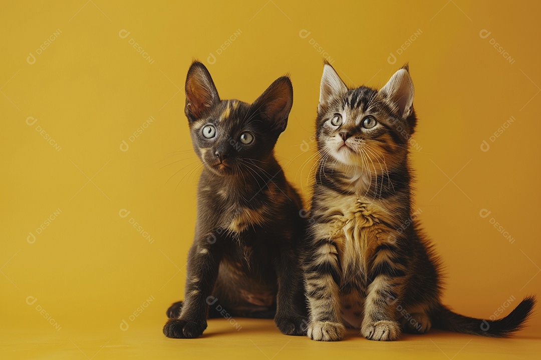 Cão e gato sentado para foto, isolado, fundo amarelo, animais de estimação, companheiros