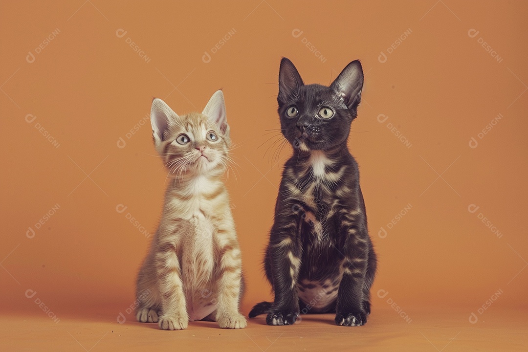 Cão e gato sentado para foto, isolado, fundo amarelo, animais de estimação, companheiros