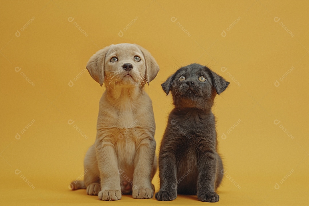 Cão e gato sentado para foto, isolado, fundo amarelo, animais de estimação, companheiros