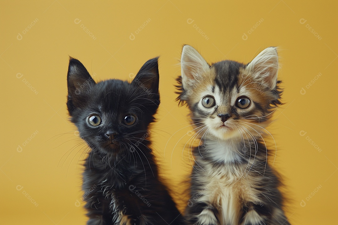 Cão e gato sentado para foto, isolado, fundo amarelo, animais de estimação, companheiros