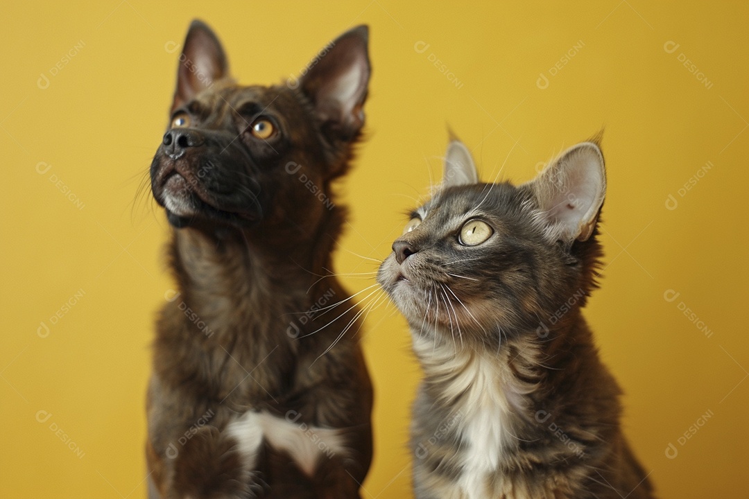 Cão e gato sentado para foto, isolado, fundo amarelo, animais de estimação, companheiros